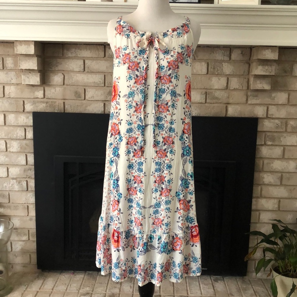 Maurice’s Off White Orange Blue Floral Grecian Neck Sleeveless Dress size Small